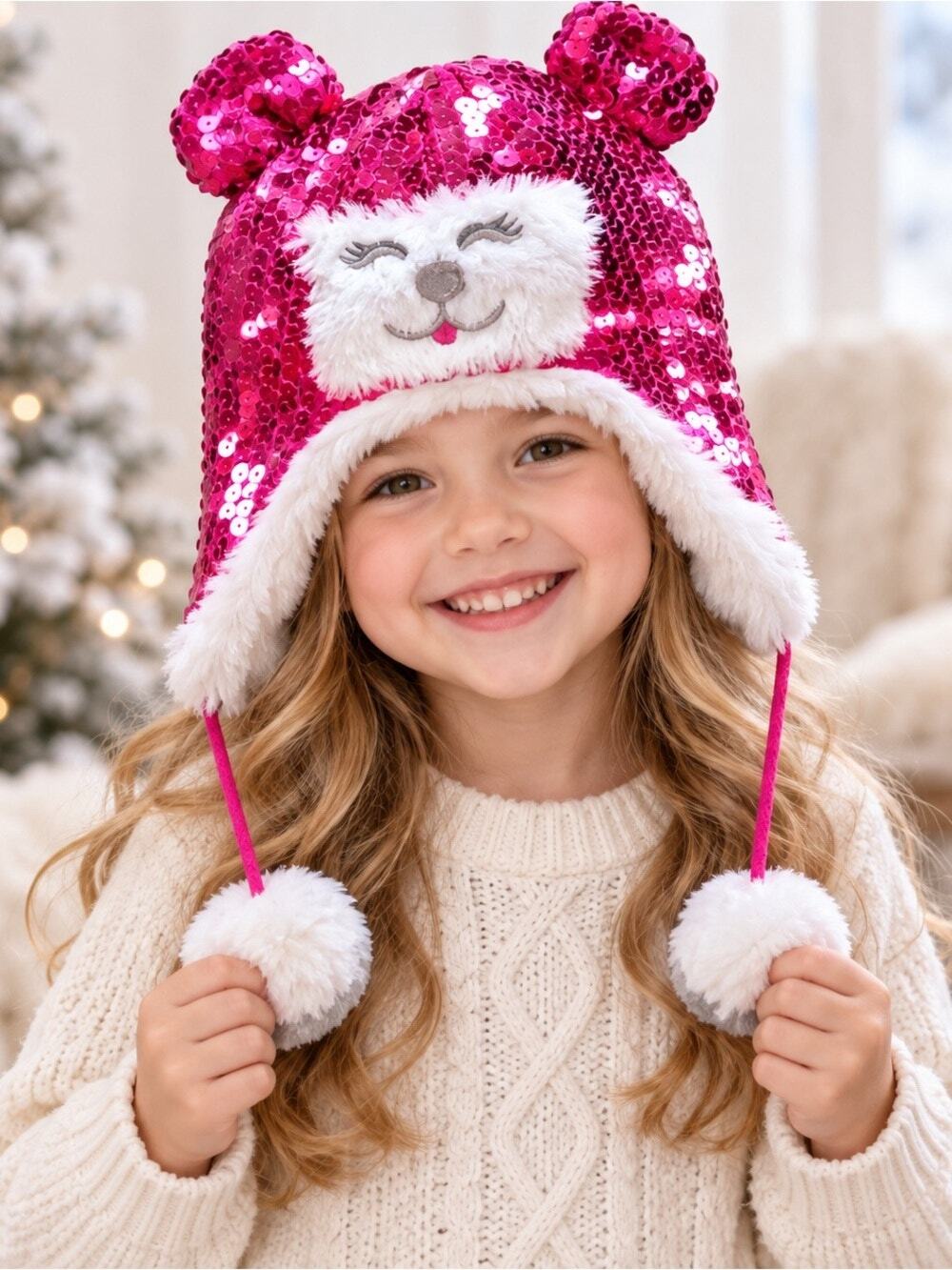 Toby Girls Pink Sequin Faux Fur Polar Bear Pom Pom Winter Hat